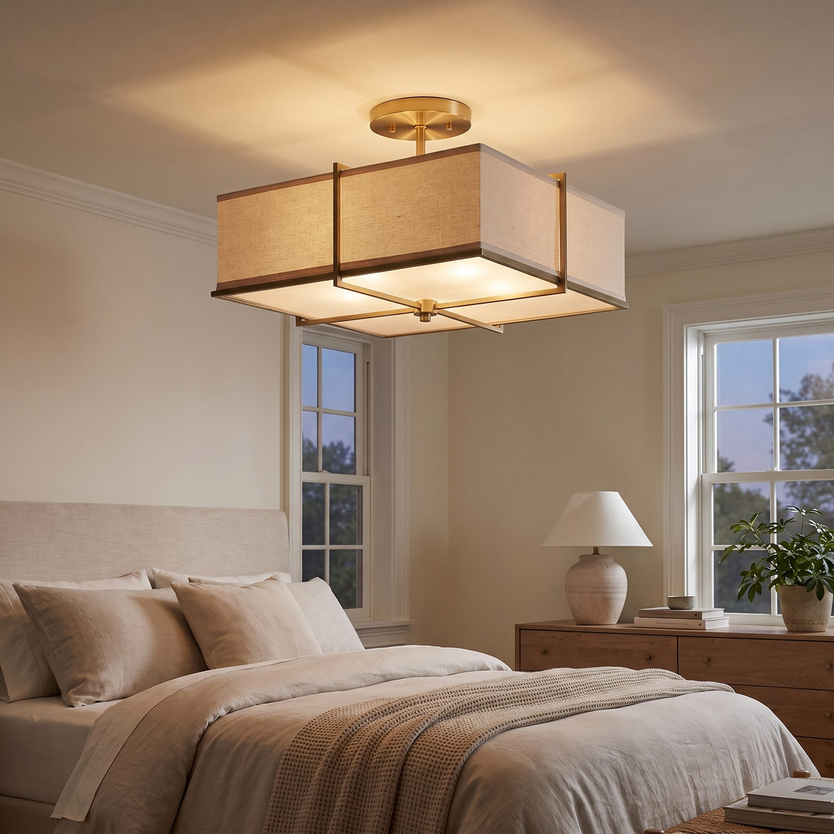 Square Linen Shade Brass Flush Ceiling Light in a bedroom