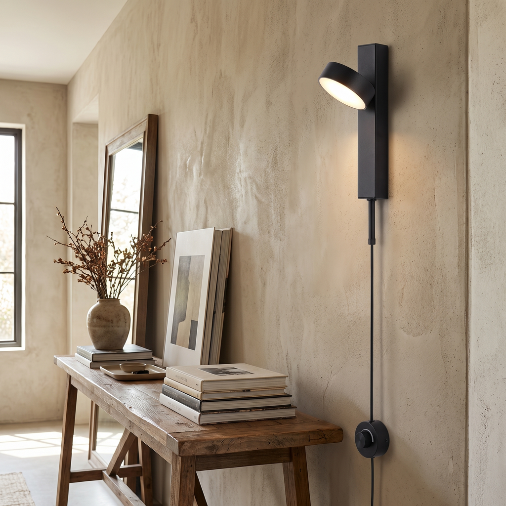 Dimmable Adjustable-Head Plug-In Wall Sconce – room view