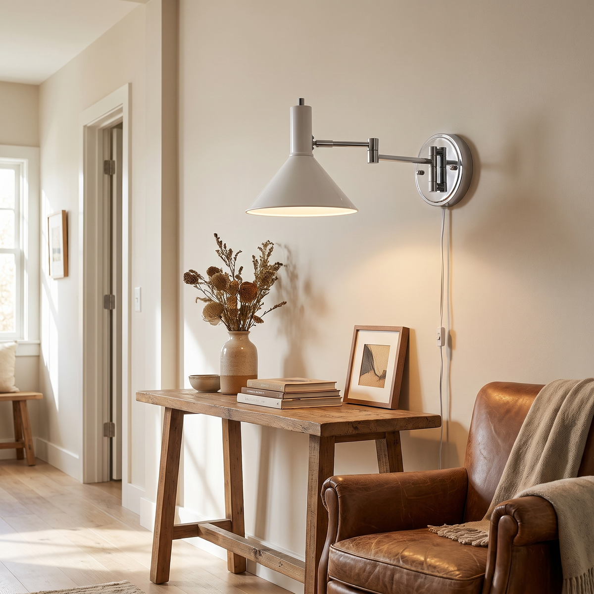 Swing Arm Plug-In Metal Wall Lamp – room view