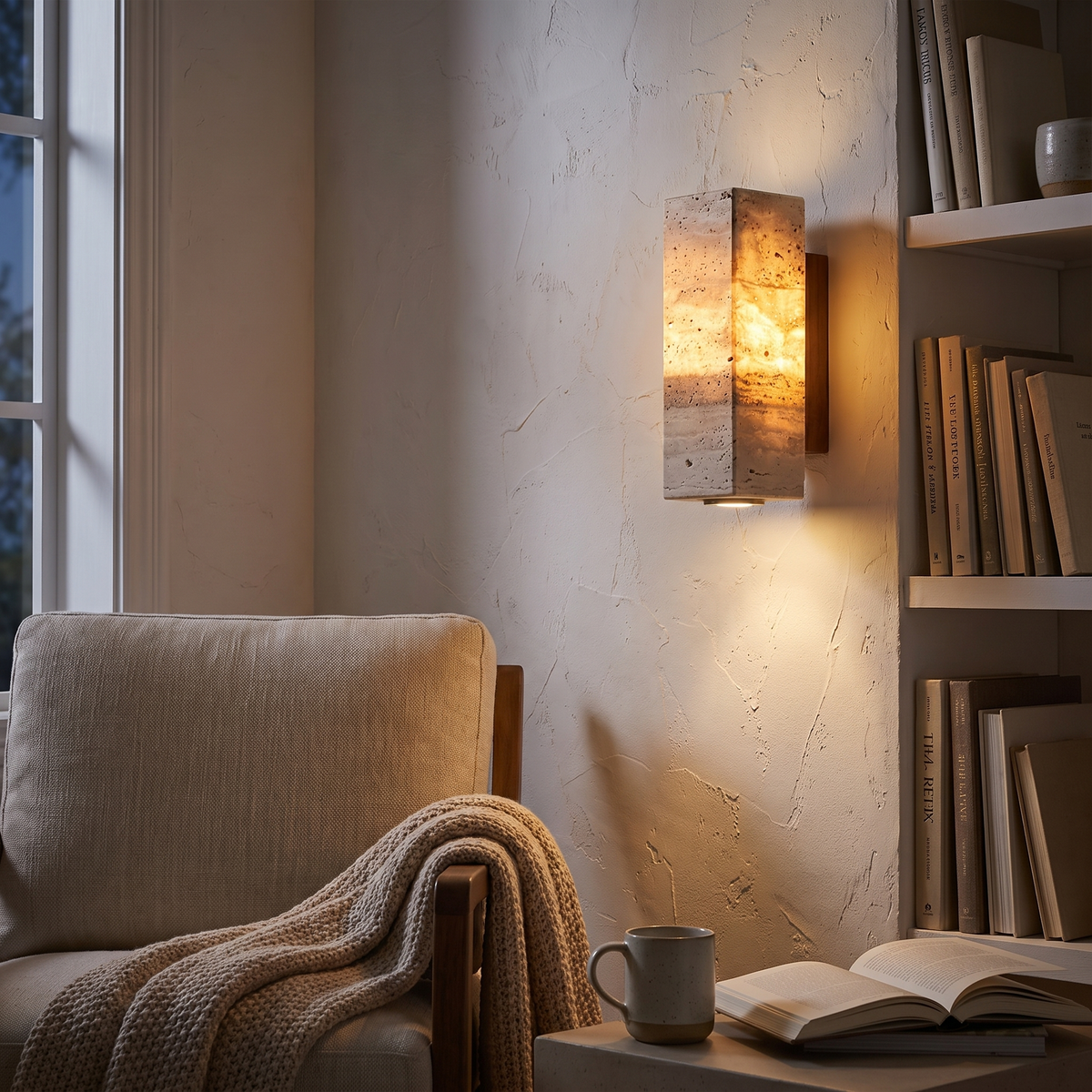 Travertine Cylinder LED Wall Sconce – evening glow