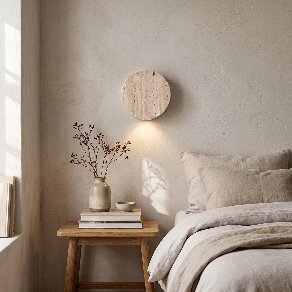 Round Travertine Disc Wall Sconce – front view