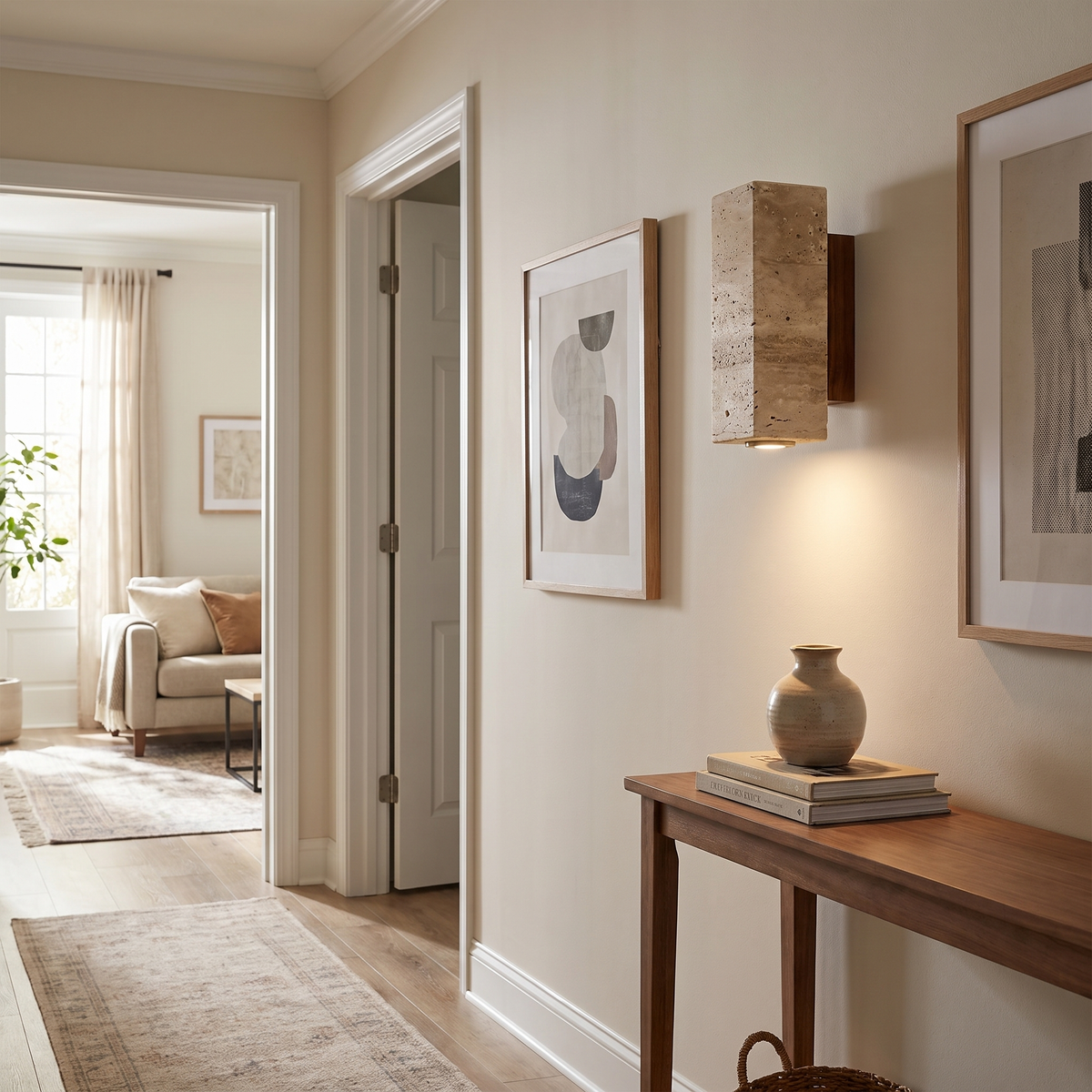 Travertine Cylinder LED Wall Sconce – room view