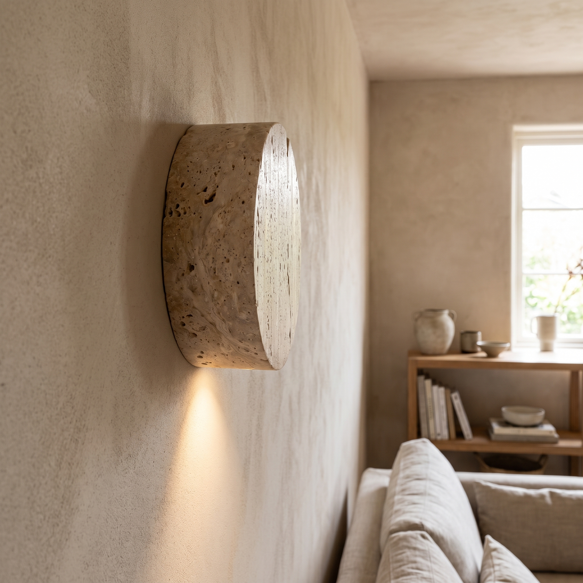 Round Travertine Disc Wall Sconce – side profile