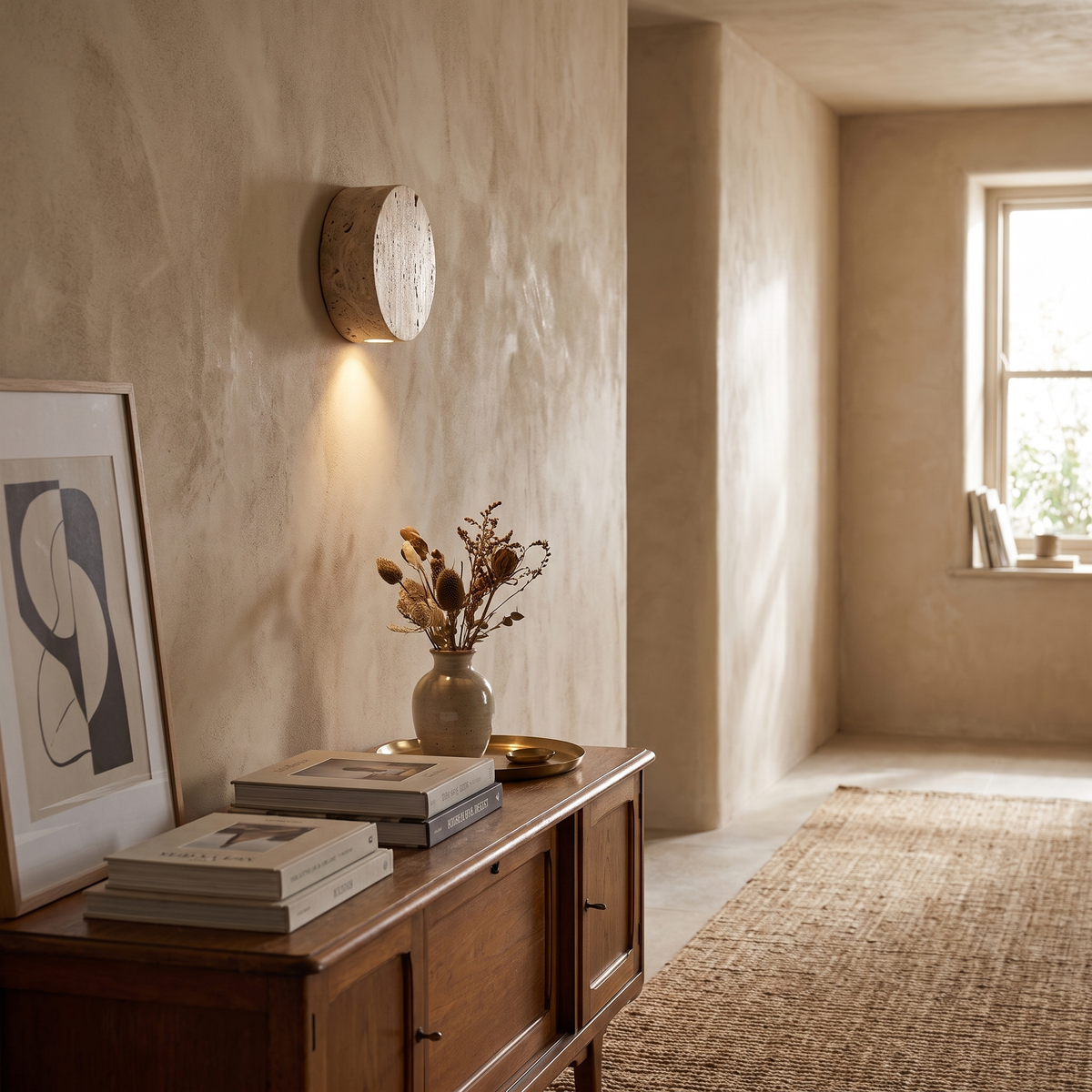 Round Travertine Disc Wall Sconce – room view