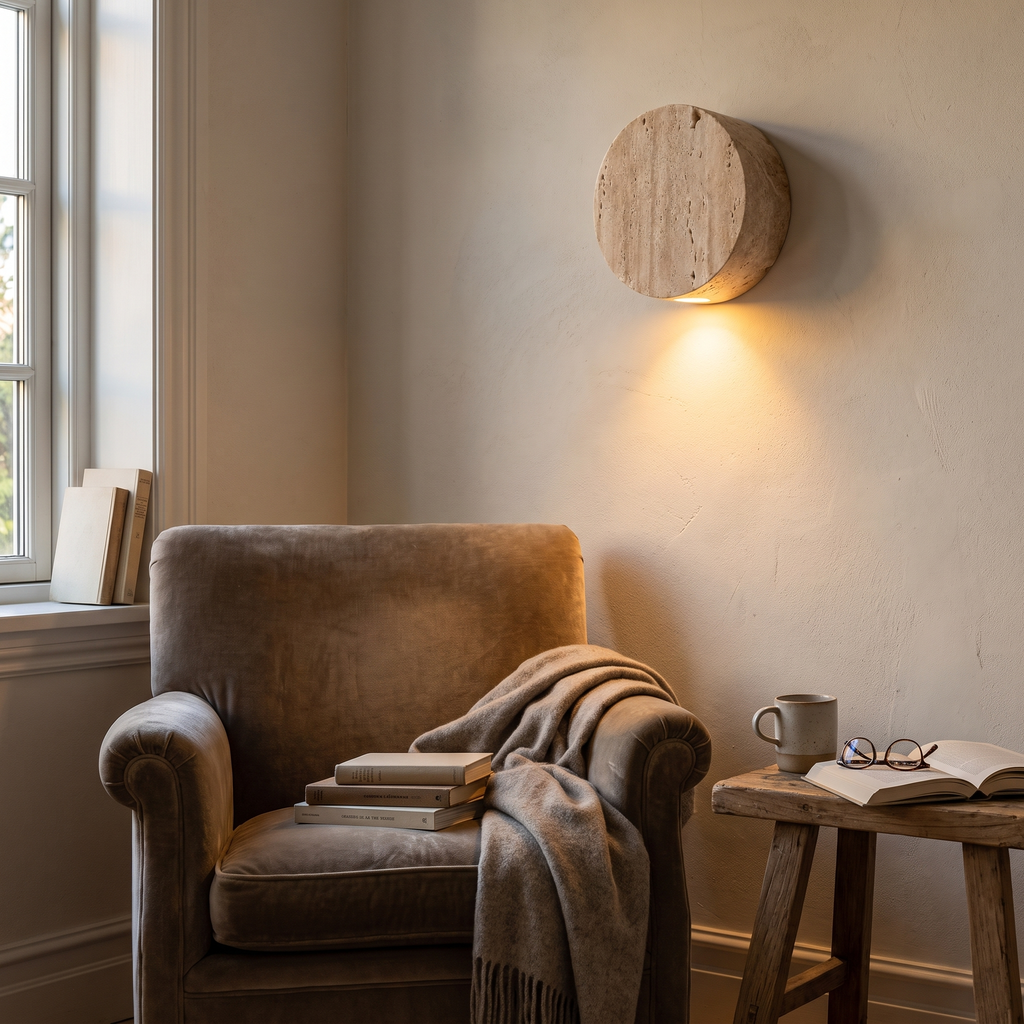 Round Travertine Disc Wall Sconce – evening glow