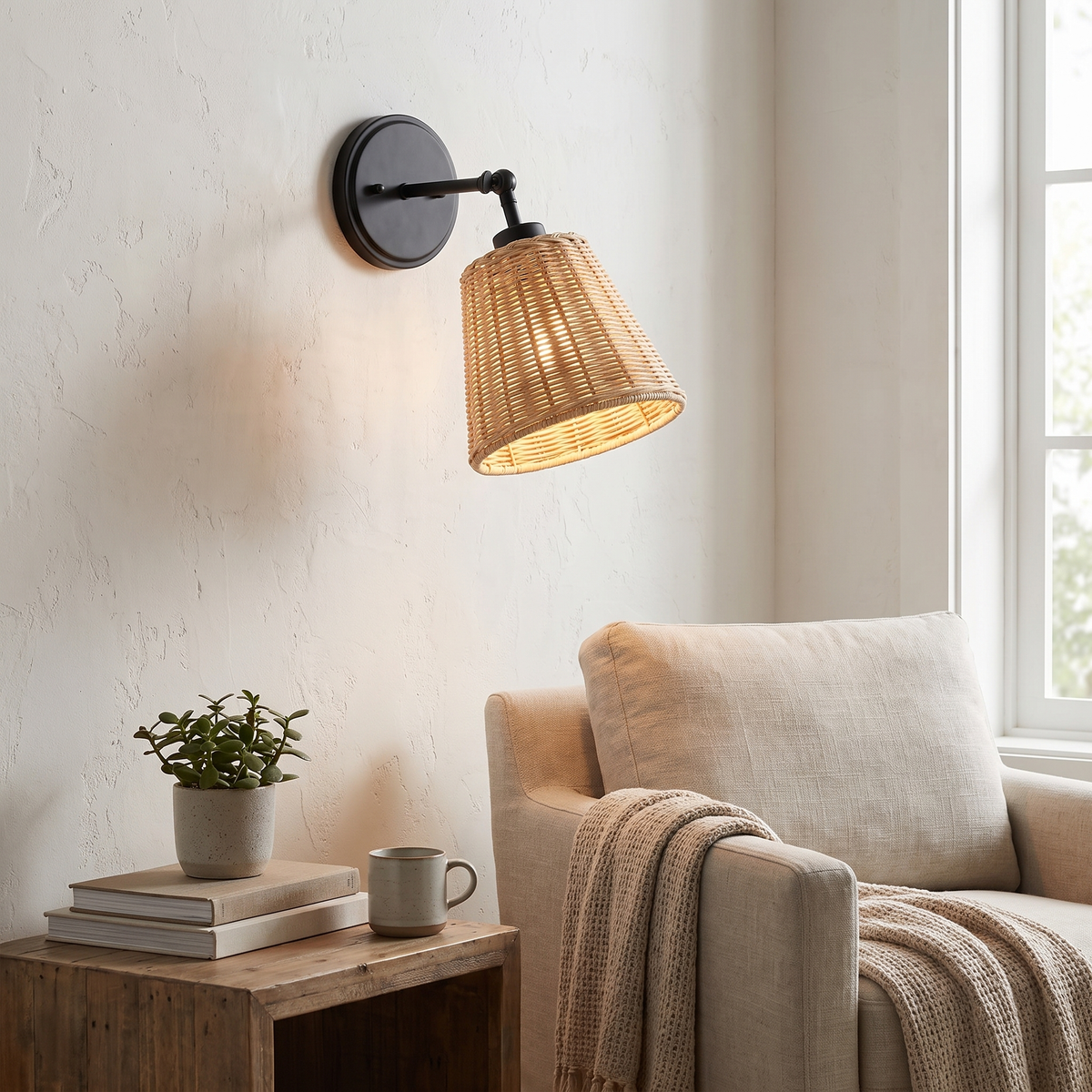 Battery-Operated Rattan Bell Wall Sconce – side profile