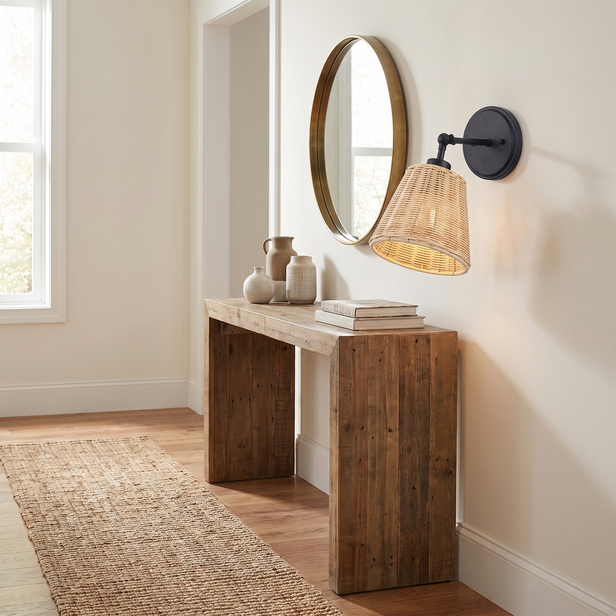 Battery-Operated Rattan Bell Wall Sconce – room view