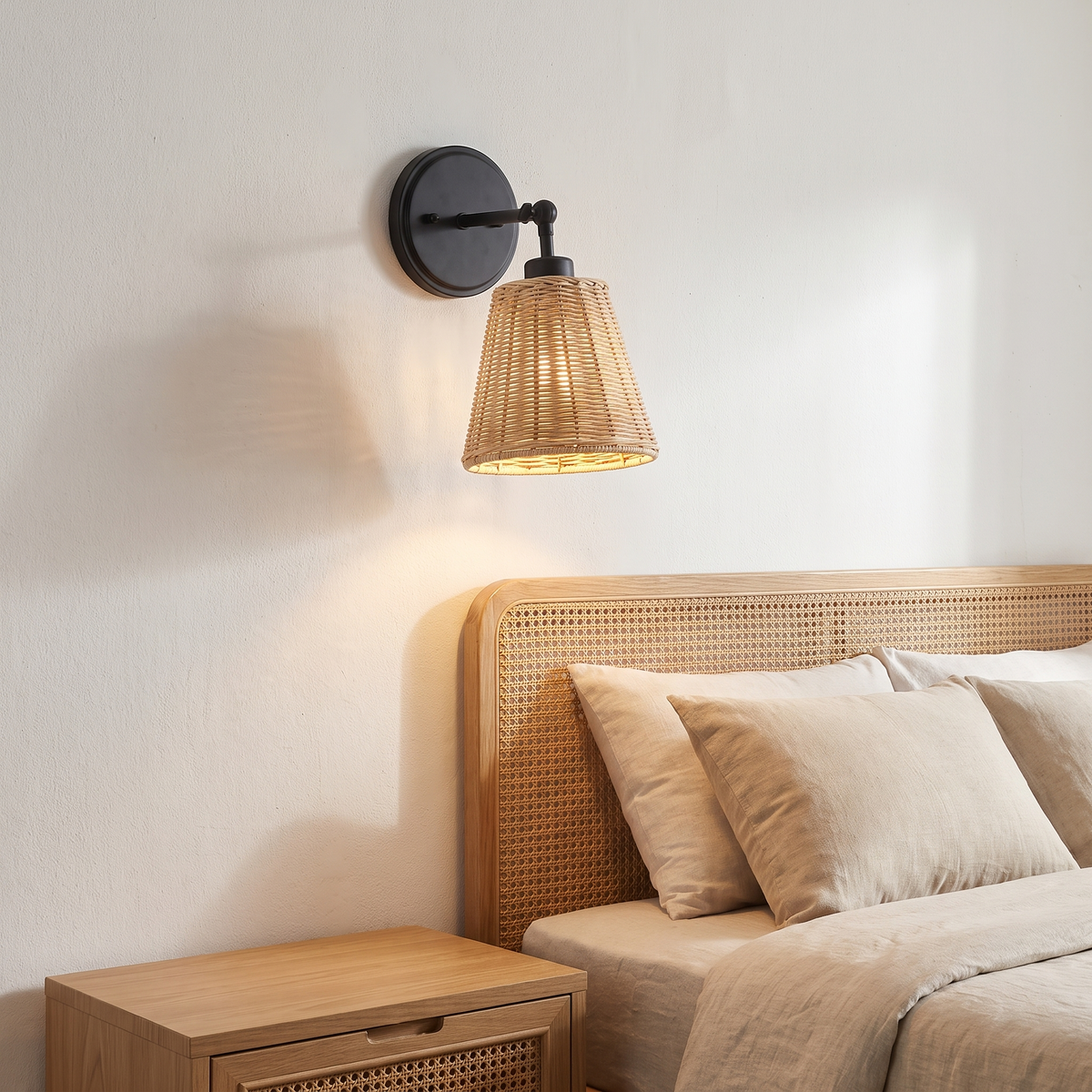 Battery-Operated Rattan Bell Wall Sconce – front view