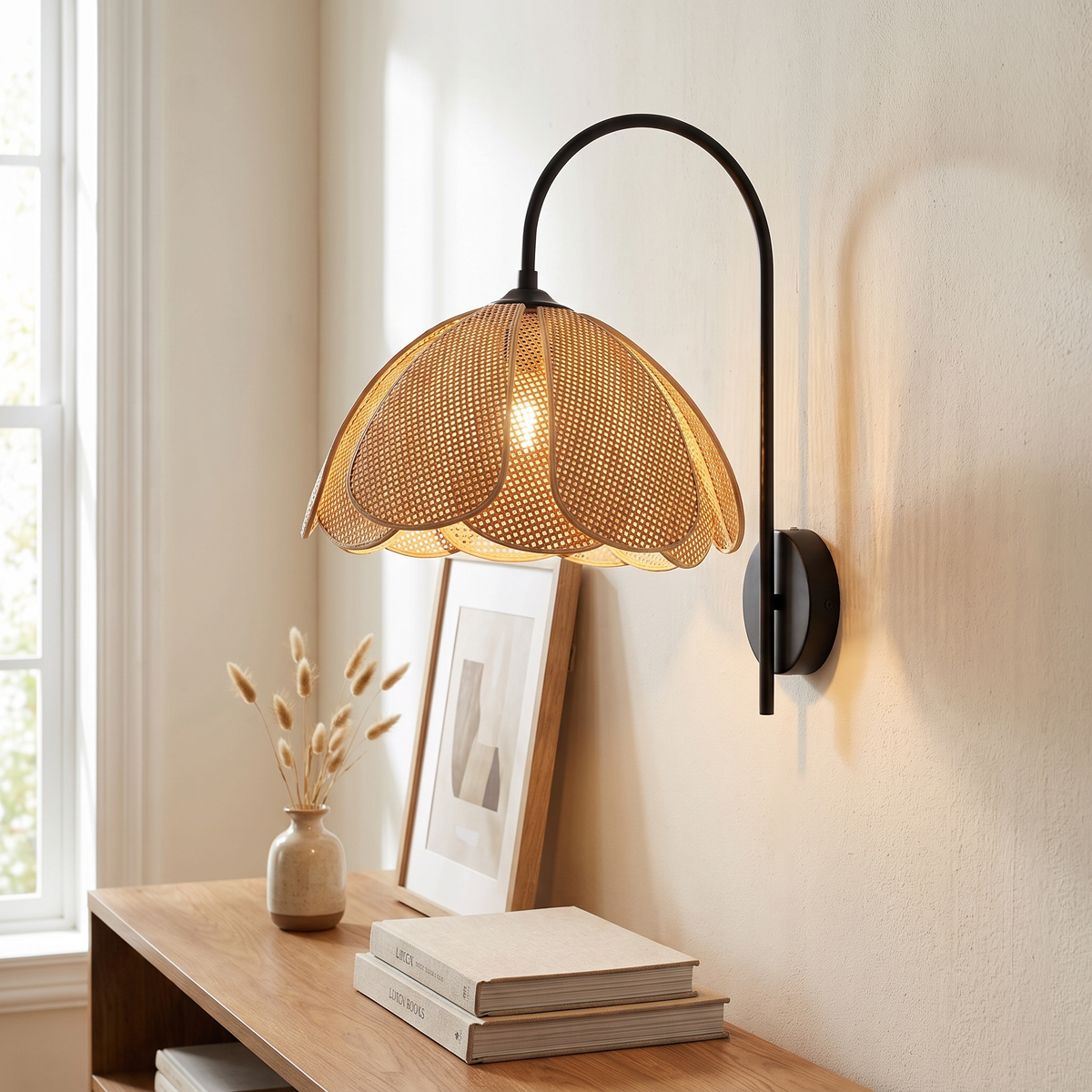 Petal Rattan Curved Arm Wall Sconce – side profile
