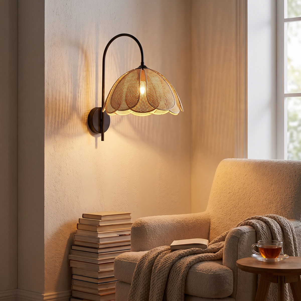 Petal Rattan Curved Arm Wall Sconce – evening glow