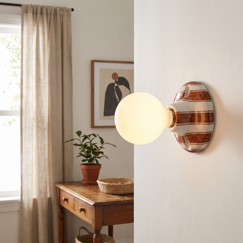 Striped Ceramic Flush Mount Globe Wall Light – side profile