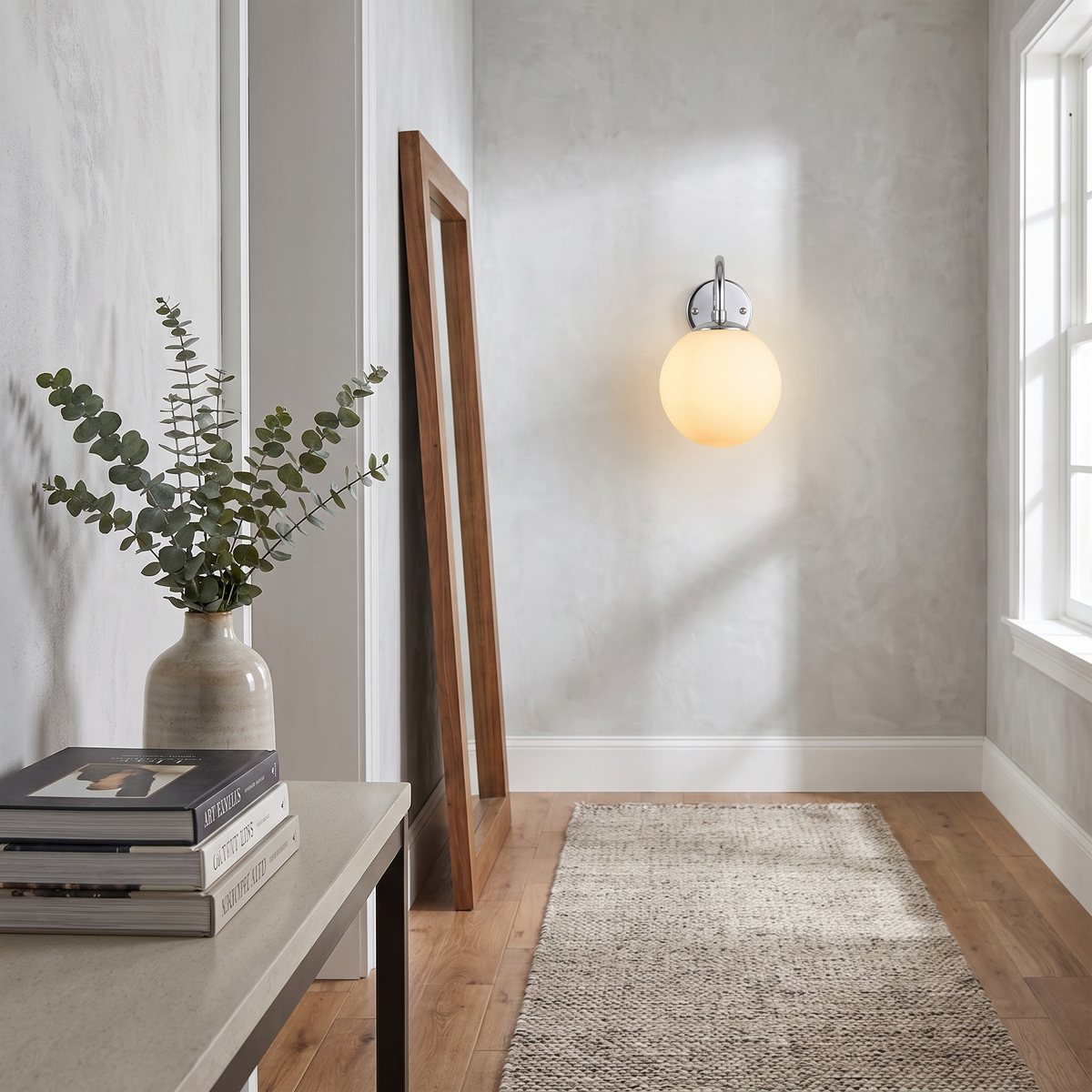 Staggered Glass Globe Chrome Wall Sconce – room view