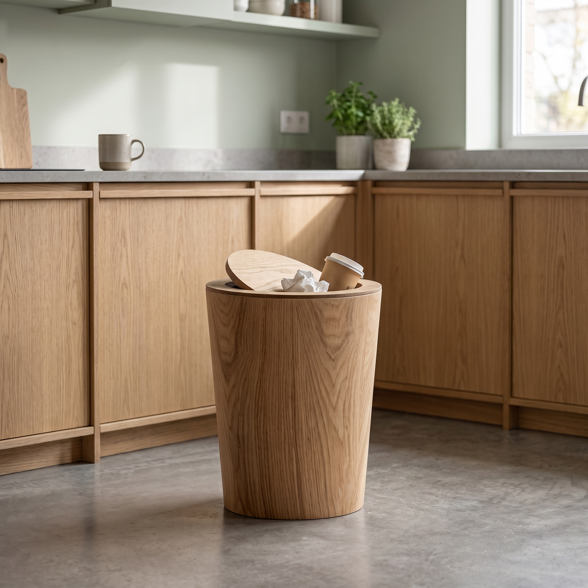 Wood-Grain Rotating Lid Waste Bin - lifestyle 1