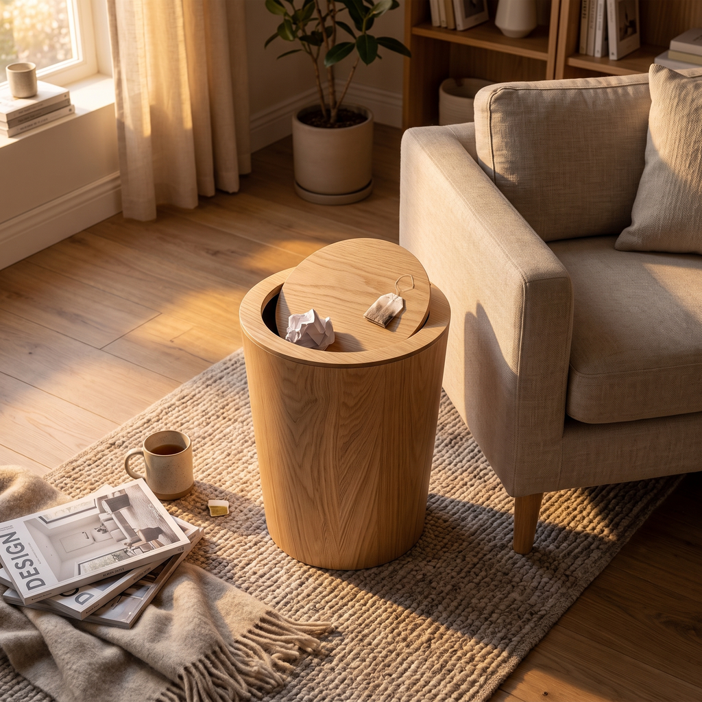 Wood-Grain Rotating Lid Waste Bin - lifestyle 4