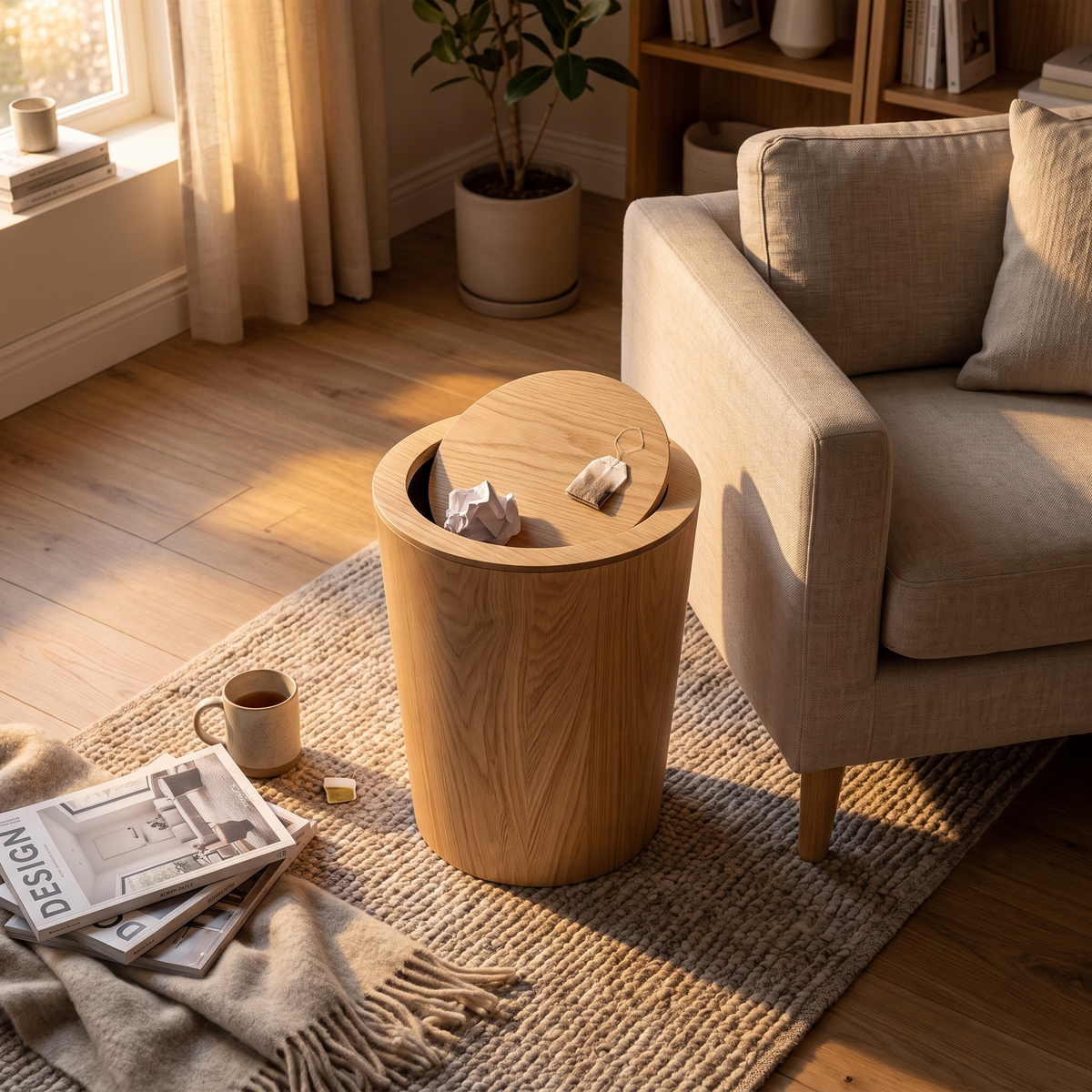 Wood-Grain Rotating Lid Waste Bin - lifestyle 4