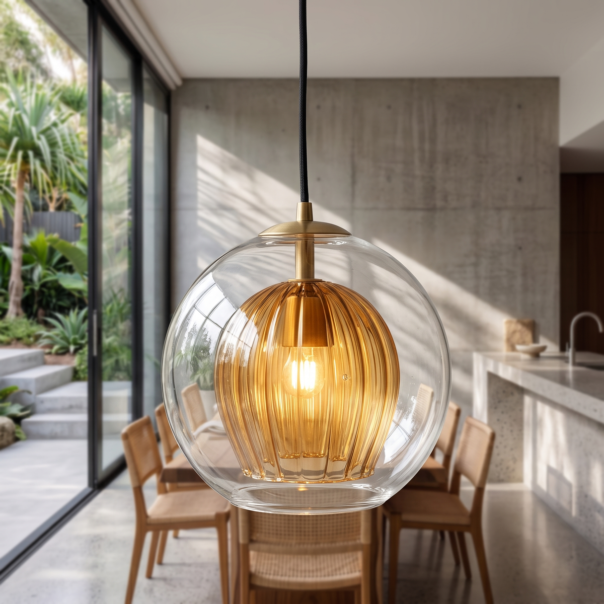 Clear or Amber Glass Globe Pendant Light - lifestyle 3