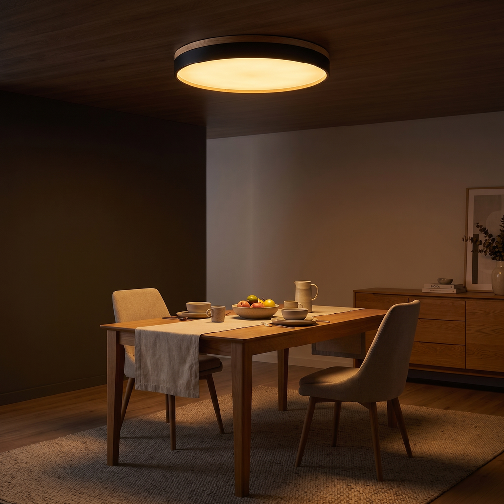 Round Acrylic LED Flush Ceiling Light with Wood Trim - lifestyle 4