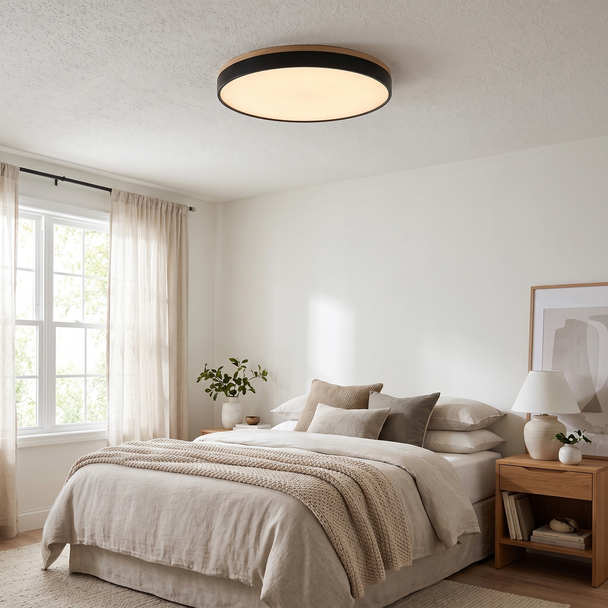 Round Acrylic LED Flush Ceiling Light with Wood Trim - lifestyle 2