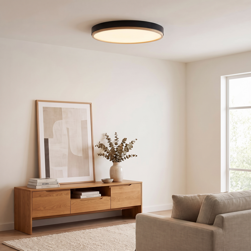 Round Acrylic LED Flush Ceiling Light with Wood Trim - lifestyle 1