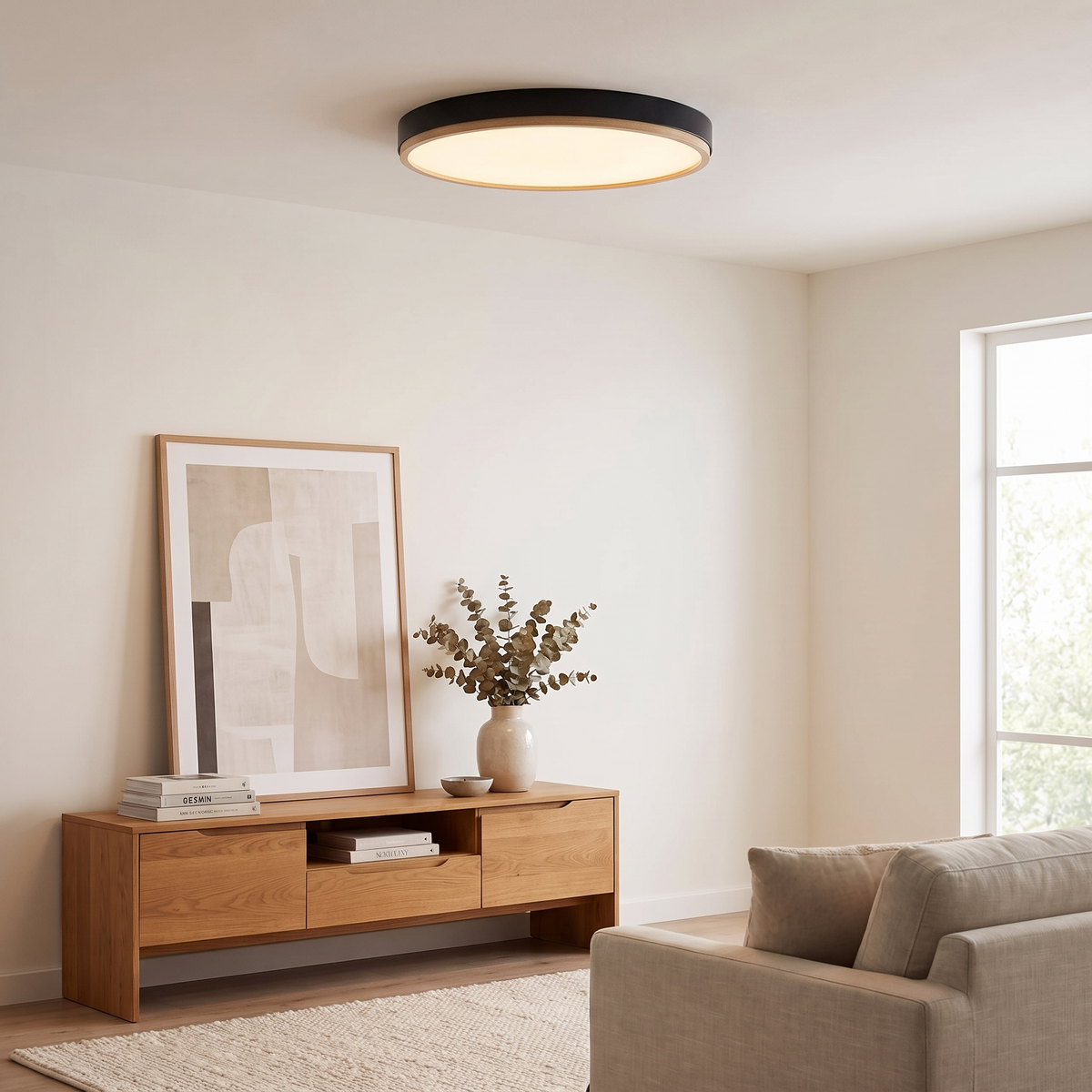Round Acrylic LED Flush Ceiling Light with Wood Trim - lifestyle 1