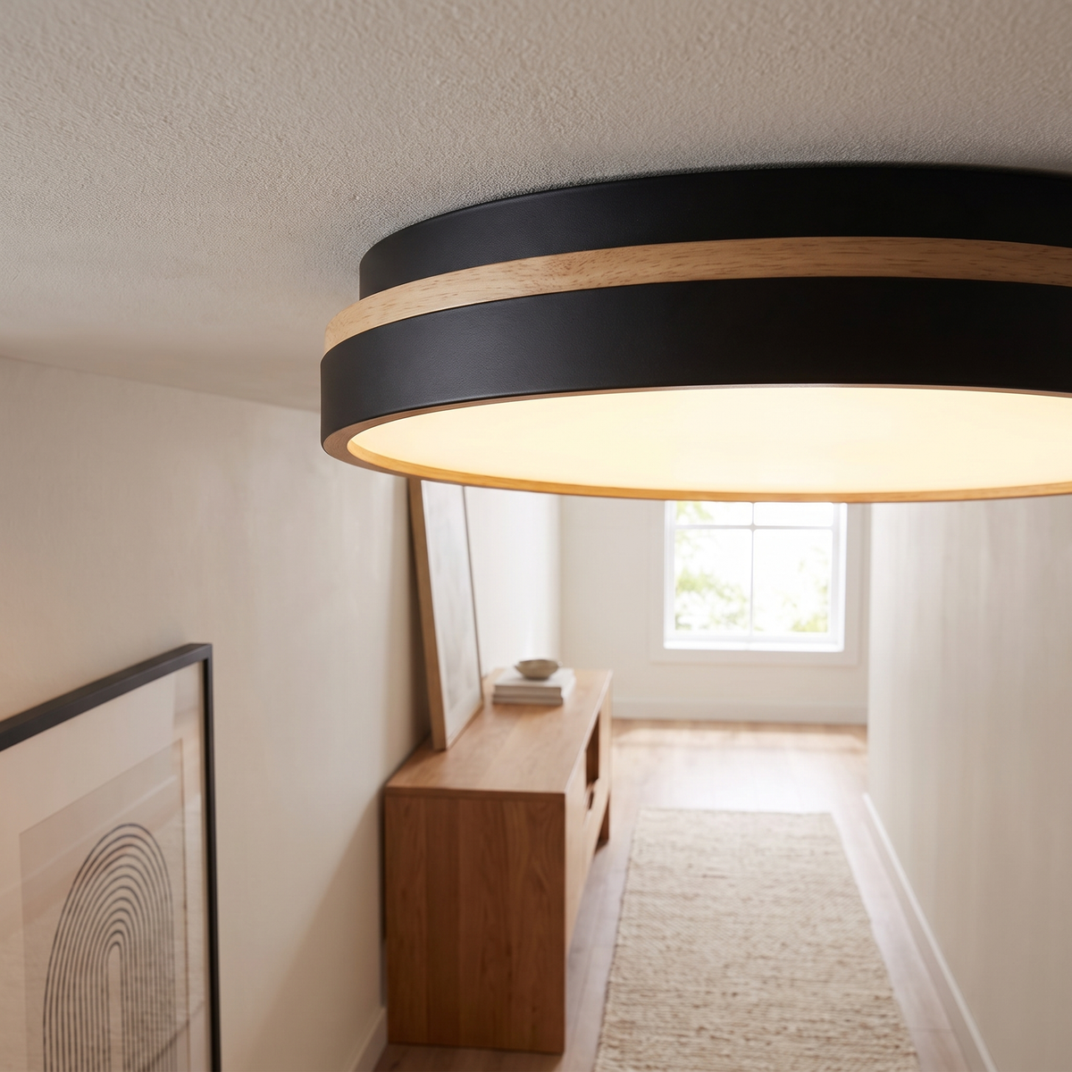 Round Acrylic LED Flush Ceiling Light with Wood Trim - lifestyle 3