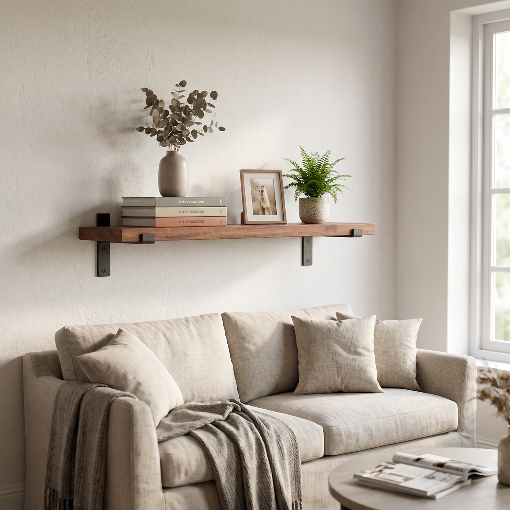 Timber Wall Shelf with Iron Lip Brackets - lifestyle 1