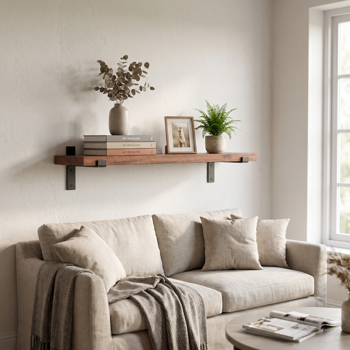 Timber Wall Shelf with Iron Lip Brackets - lifestyle 1