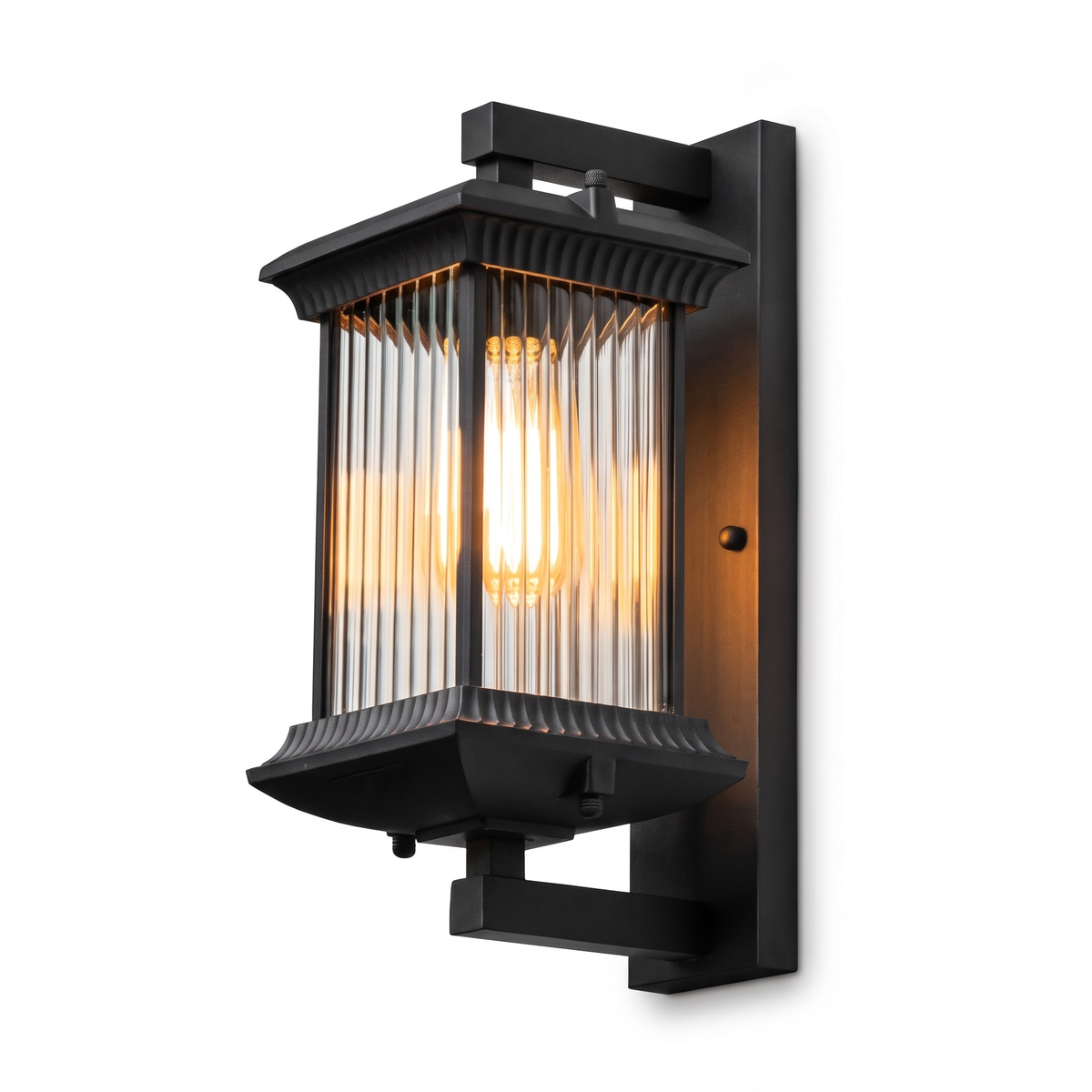 Fluted glass outdoor wall lantern on white background