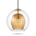 Amber ribbed glass globe pendant light on white background