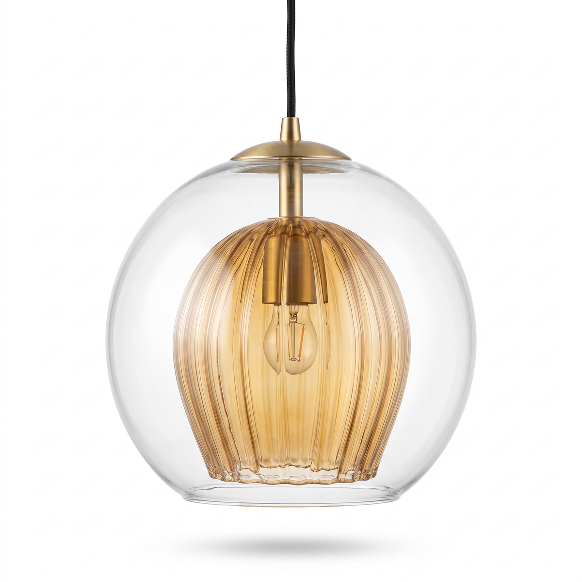 Amber ribbed glass globe pendant light on white background