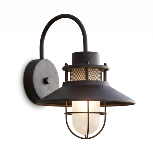 Caged nautical gooseneck outdoor wall light on white background