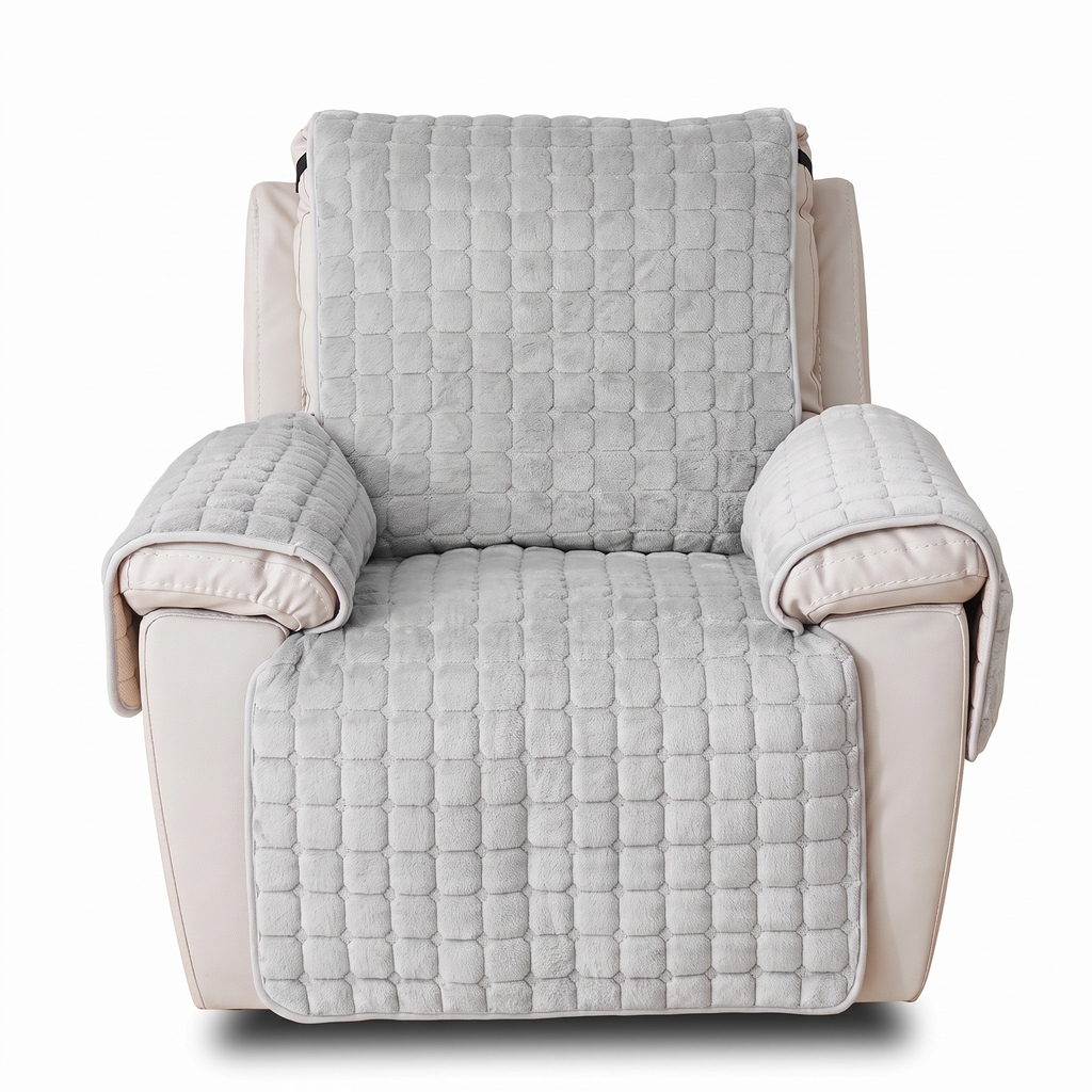 Quilted Grid Plush Recliner Cover with Side Pocket