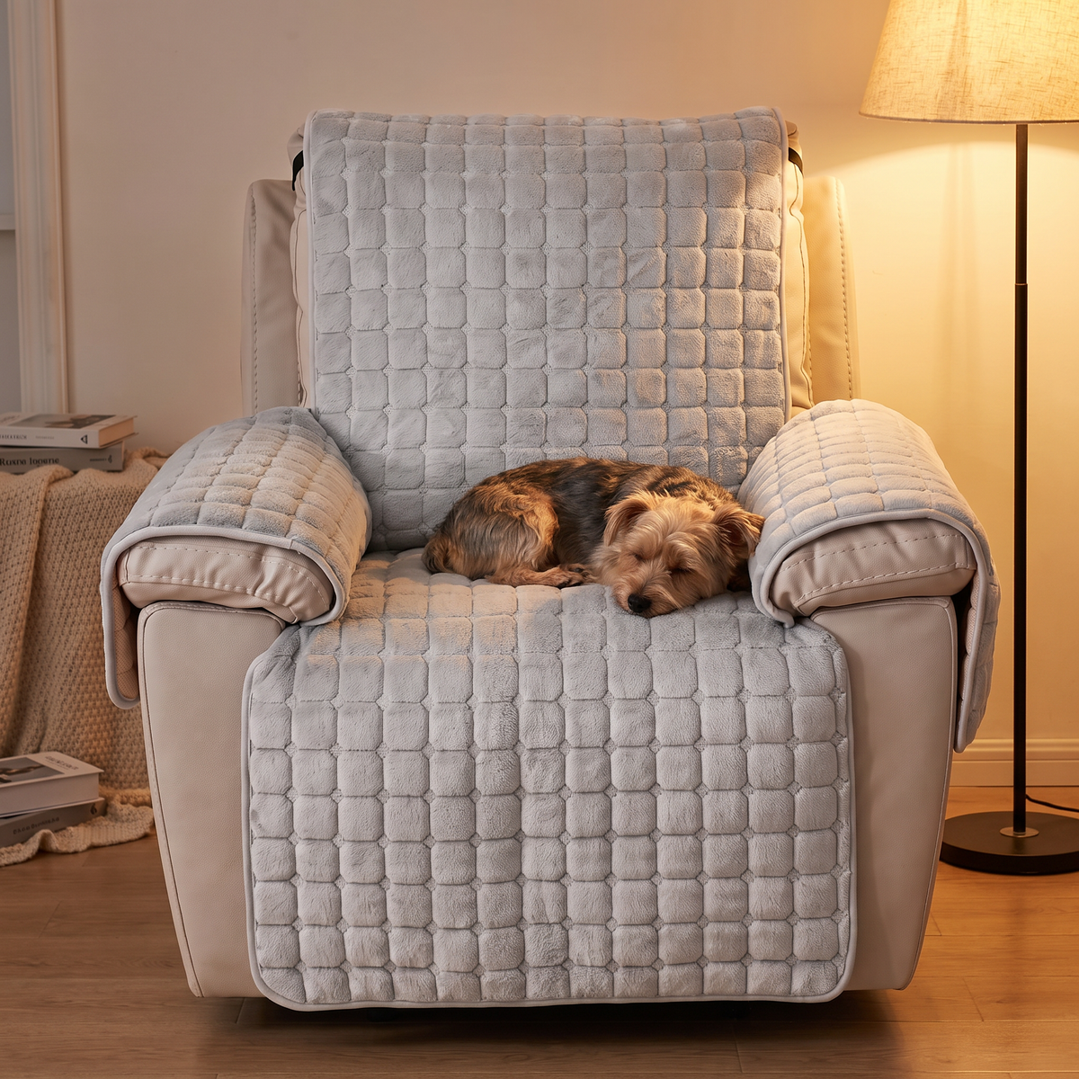 Quilted Grid Plush Recliner Cover with Side Pocket evening setting