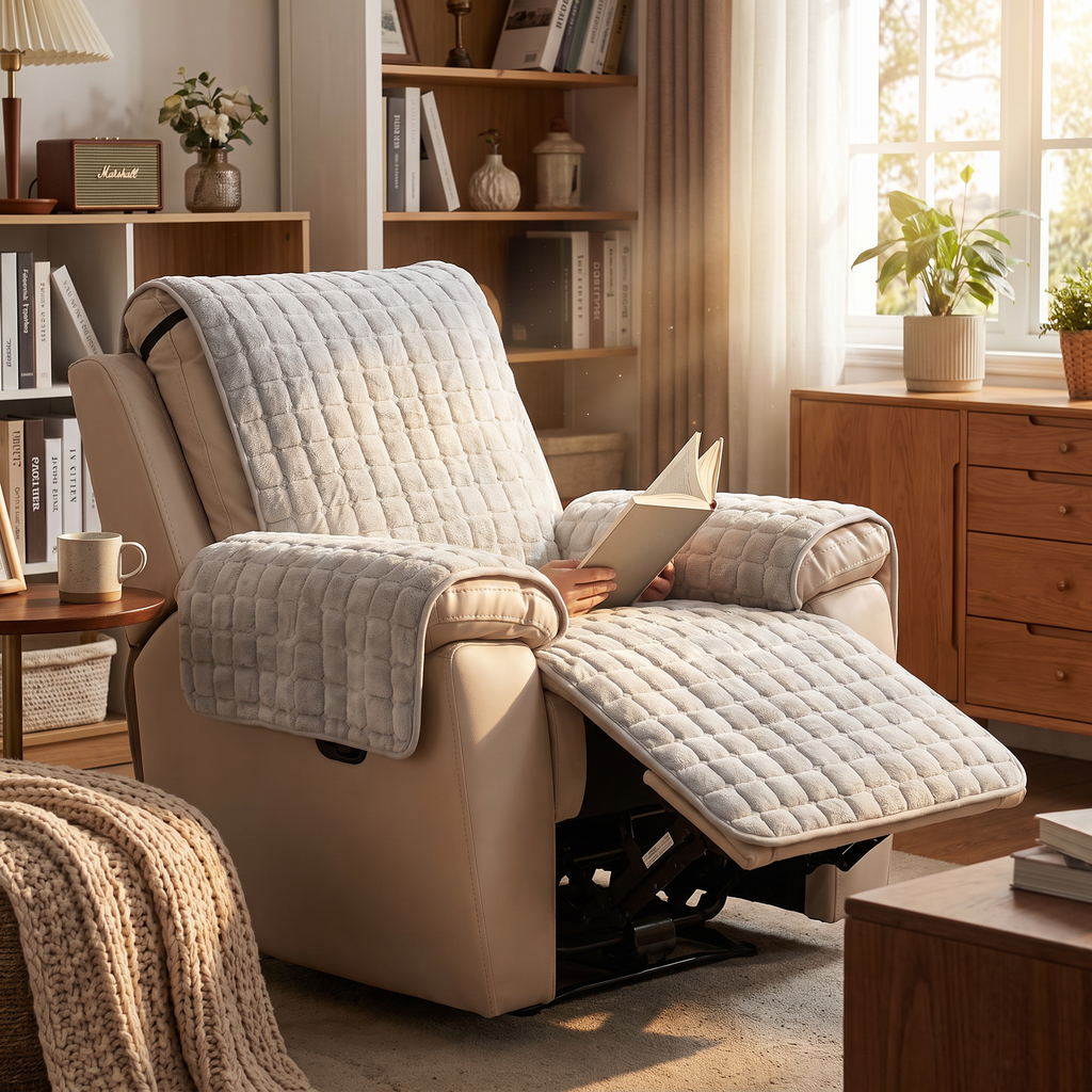 Quilted Grid Plush Recliner Cover with Side Pocket in use