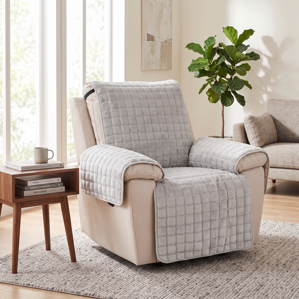 Quilted Grid Plush Recliner Cover with Side Pocket in a living space