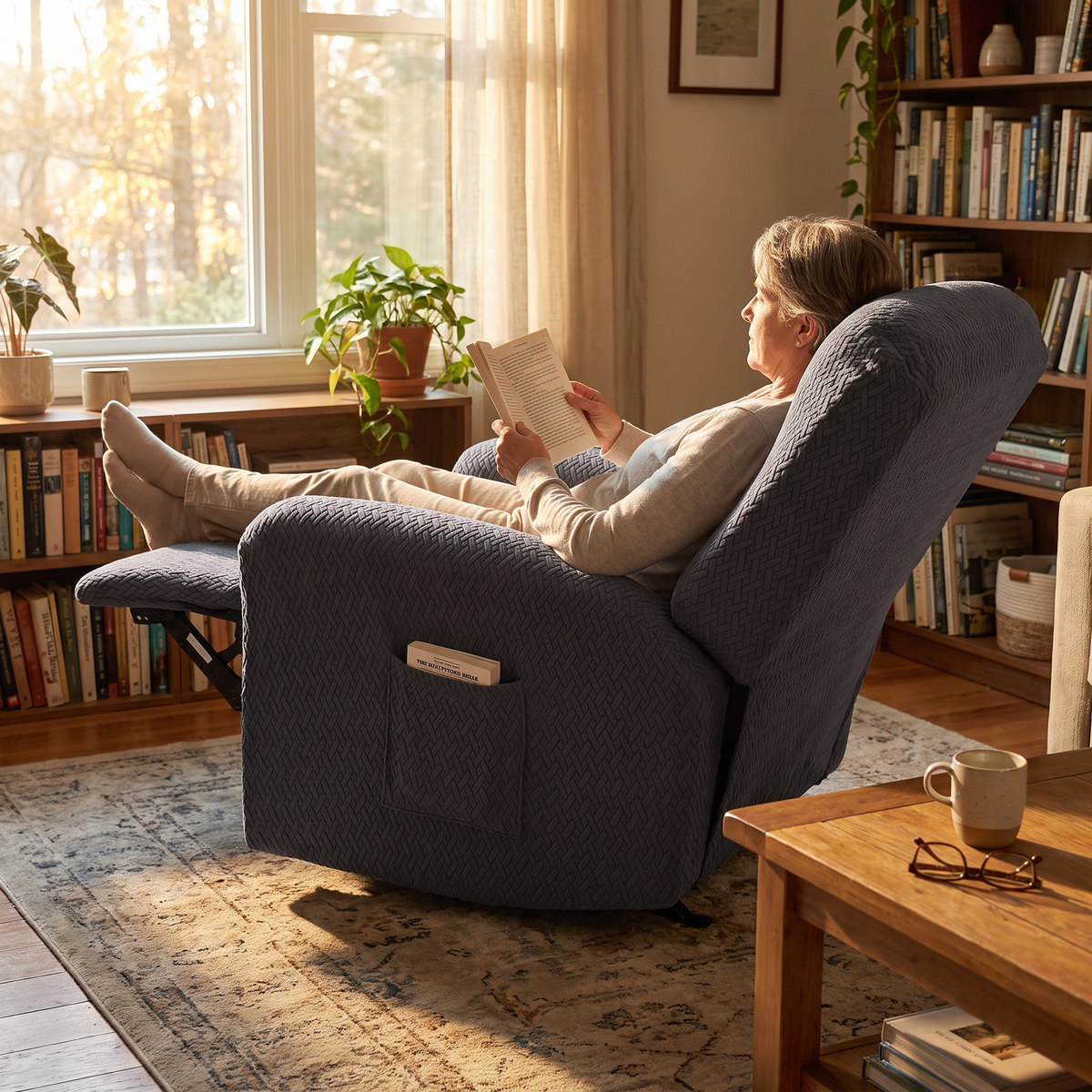 Fitted Stretch Recliner Slipcover with Pocket in use