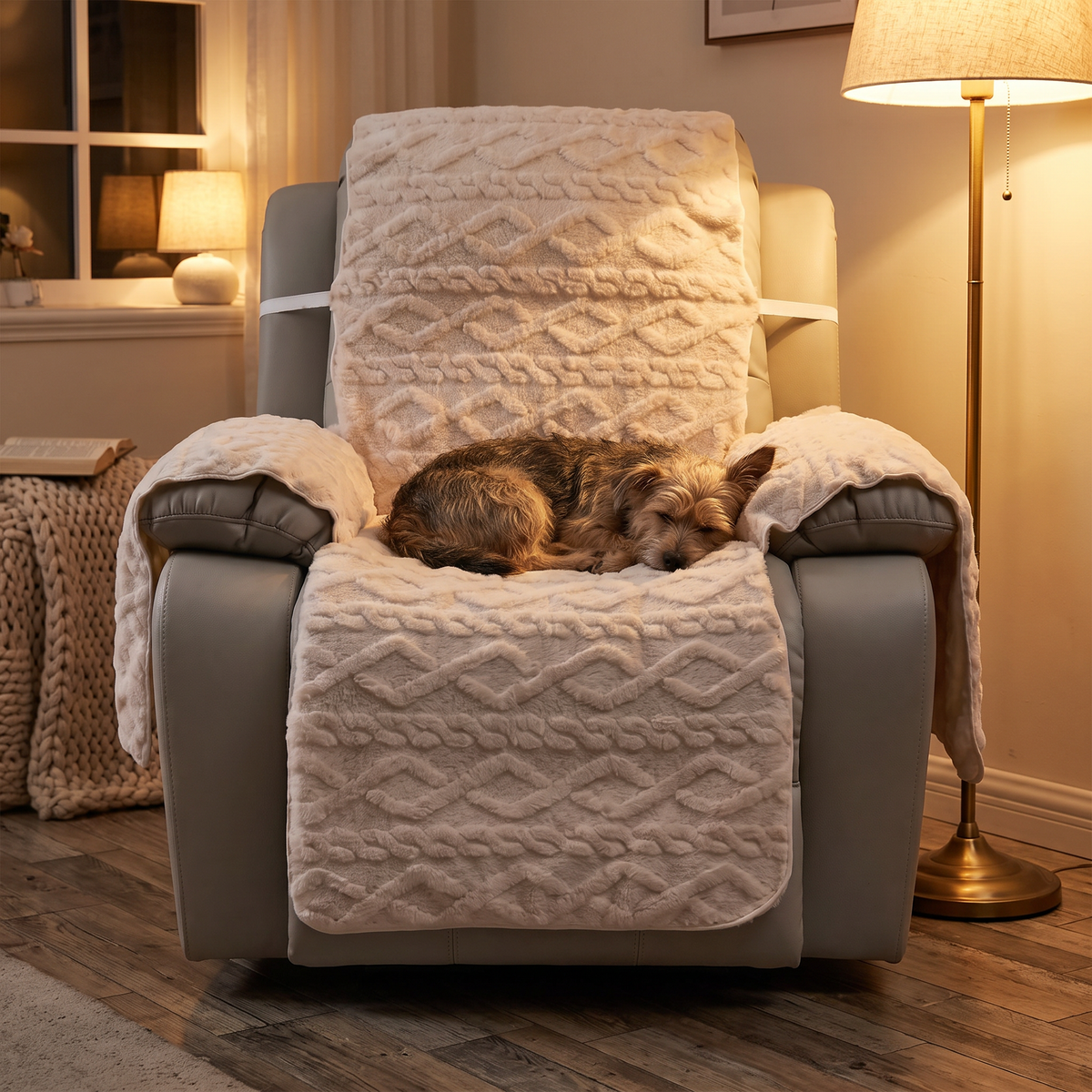 Diamond Knit Plush Recliner Slipcover evening setting