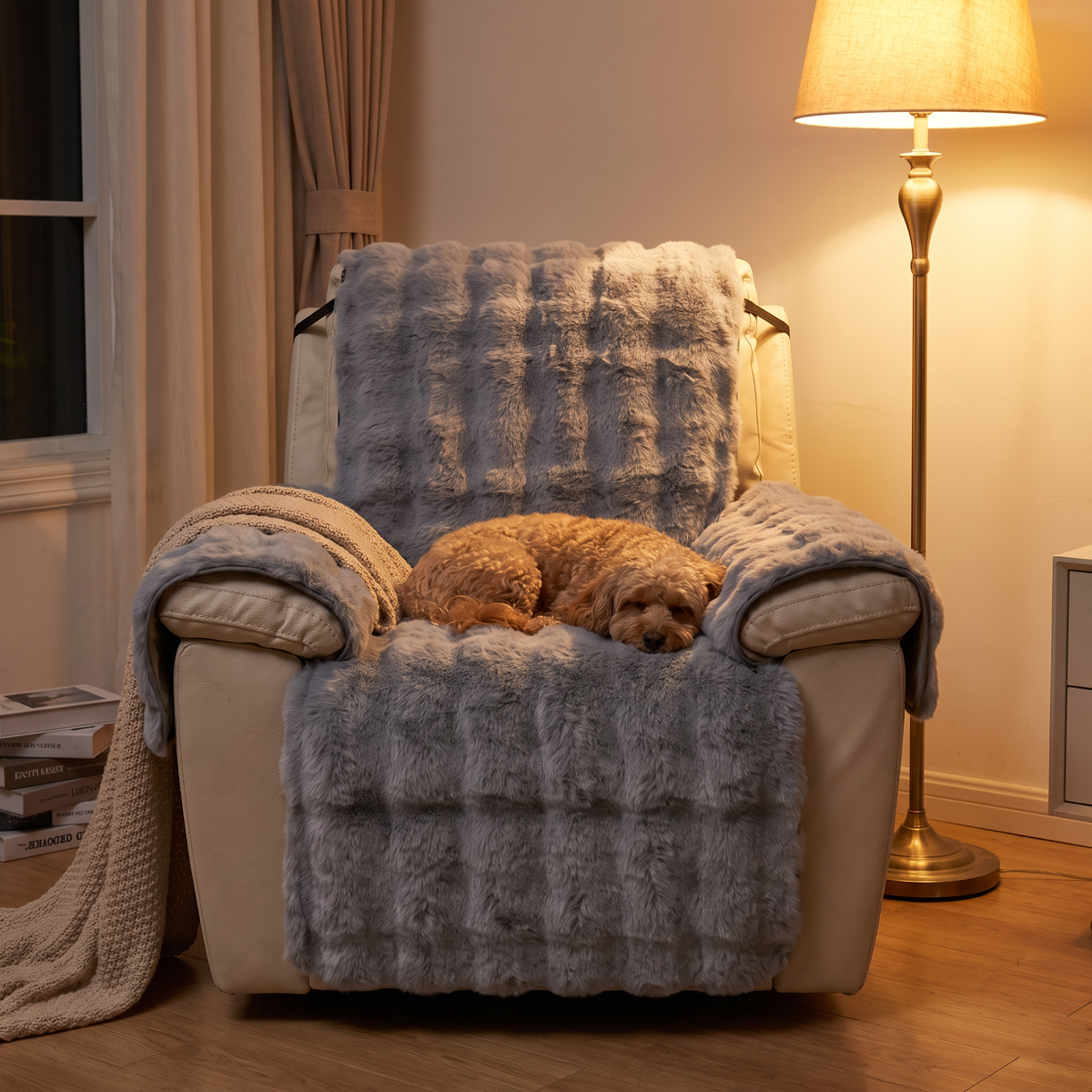 Faux Fur Bubble Recliner Cover evening setting
