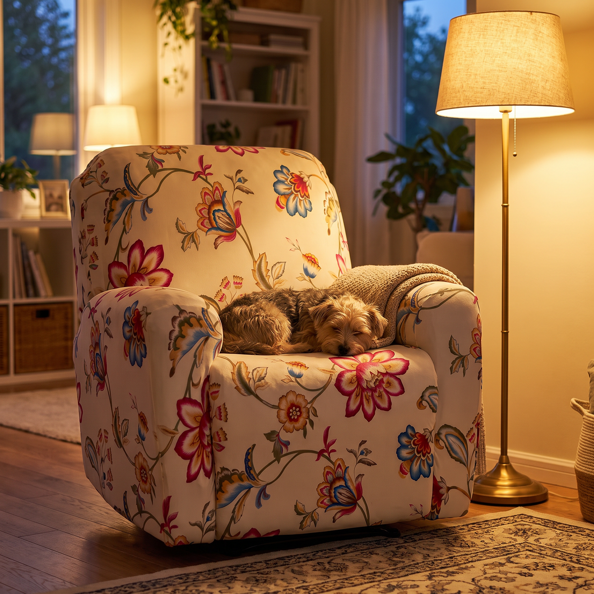 Floral Print Stretch Recliner Cover with Two Pockets evening setting