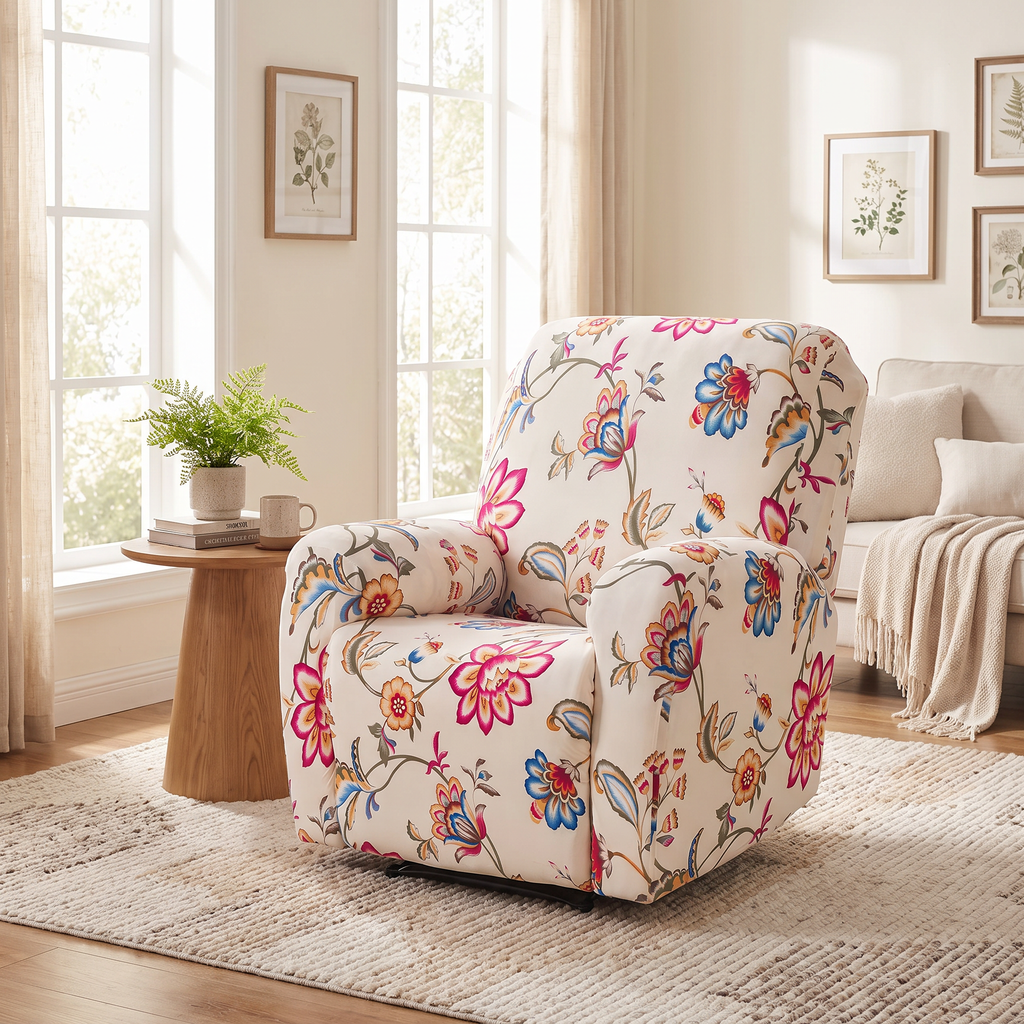 Floral Print Stretch Recliner Cover with Two Pockets in a living space