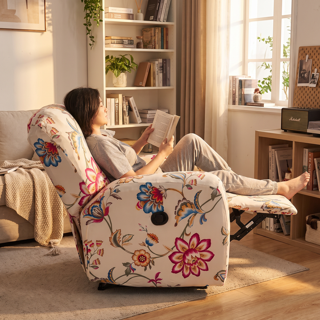 Floral Print Stretch Recliner Cover with Two Pockets in use