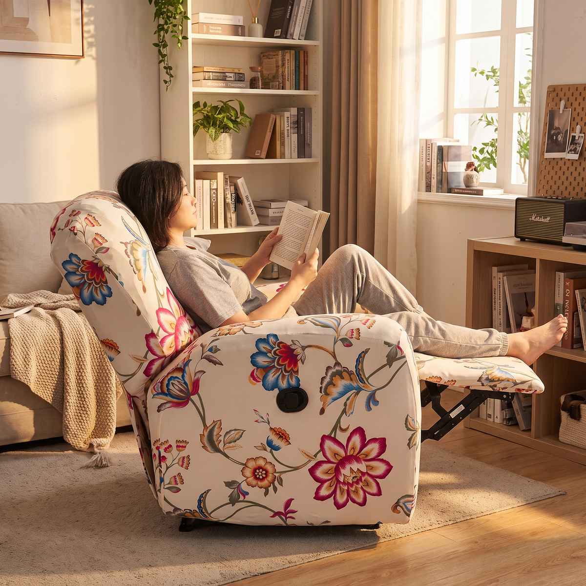 Floral Print Stretch Recliner Cover with Two Pockets in use