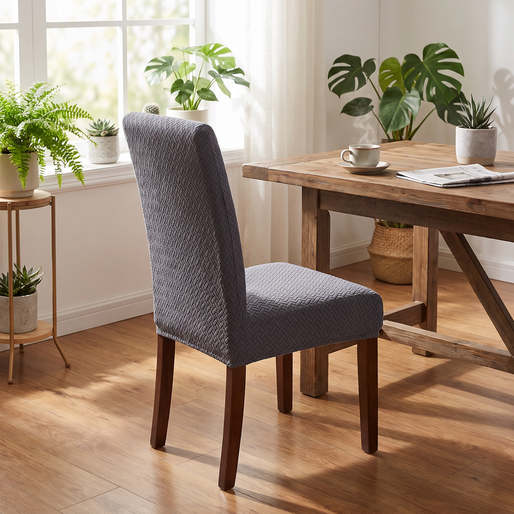 Velvet Jacquard Stretch Dining Chair Cover evening setting