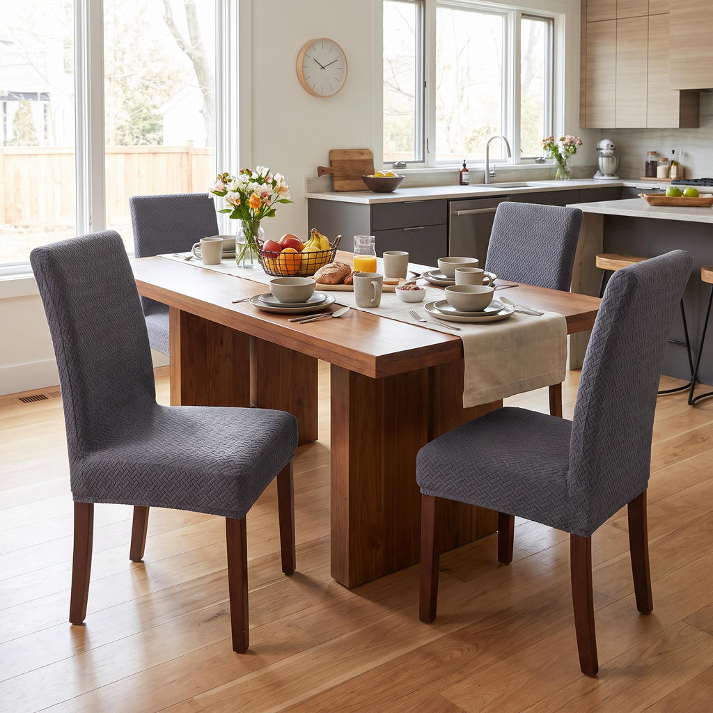 Velvet Jacquard Stretch Dining Chair Cover in a living space