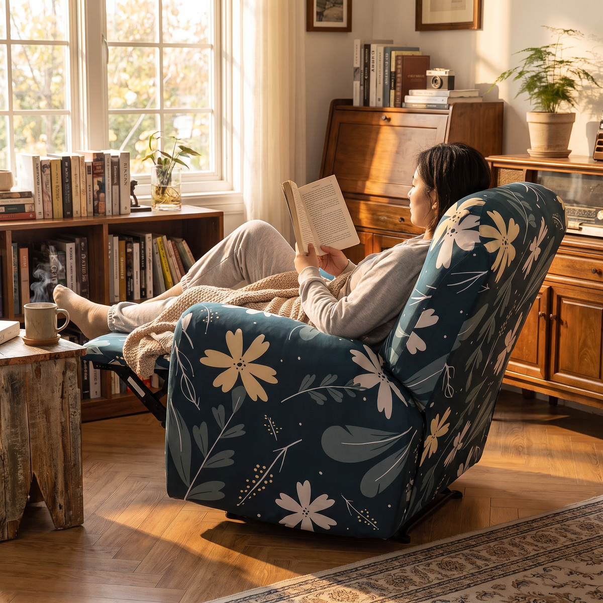 Botanical Print Stretch Recliner Cover with Two Pockets in use
