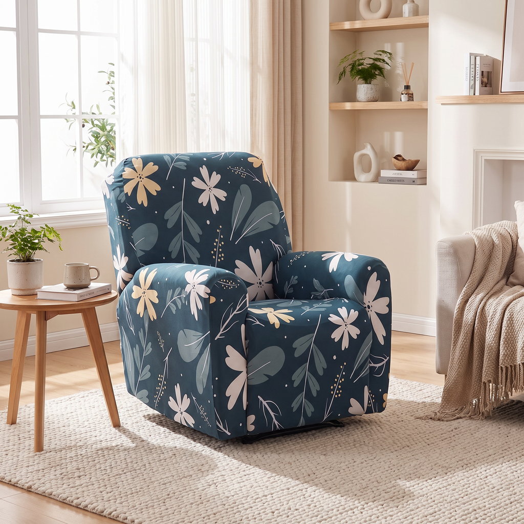 Botanical Print Stretch Recliner Cover with Two Pockets in a living space