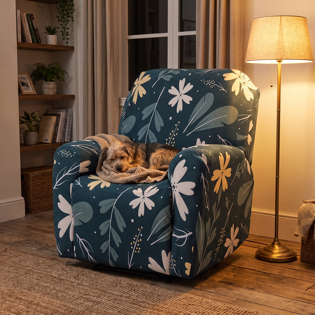 Botanical Print Stretch Recliner Cover with Two Pockets evening setting