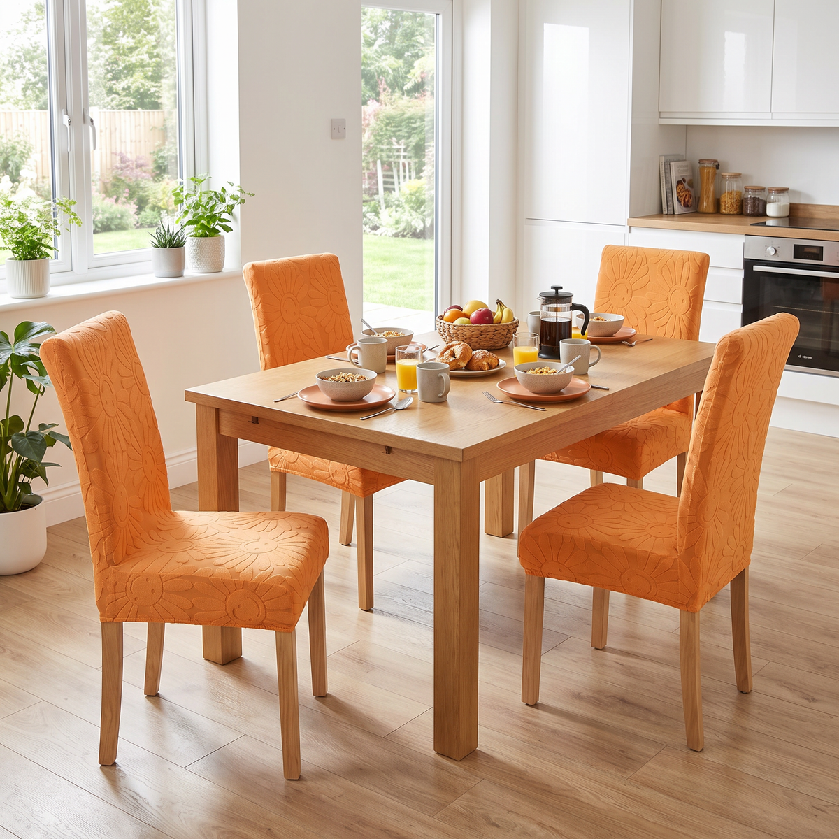 Embossed Flower Stretch Dining Chair Cover in a living space