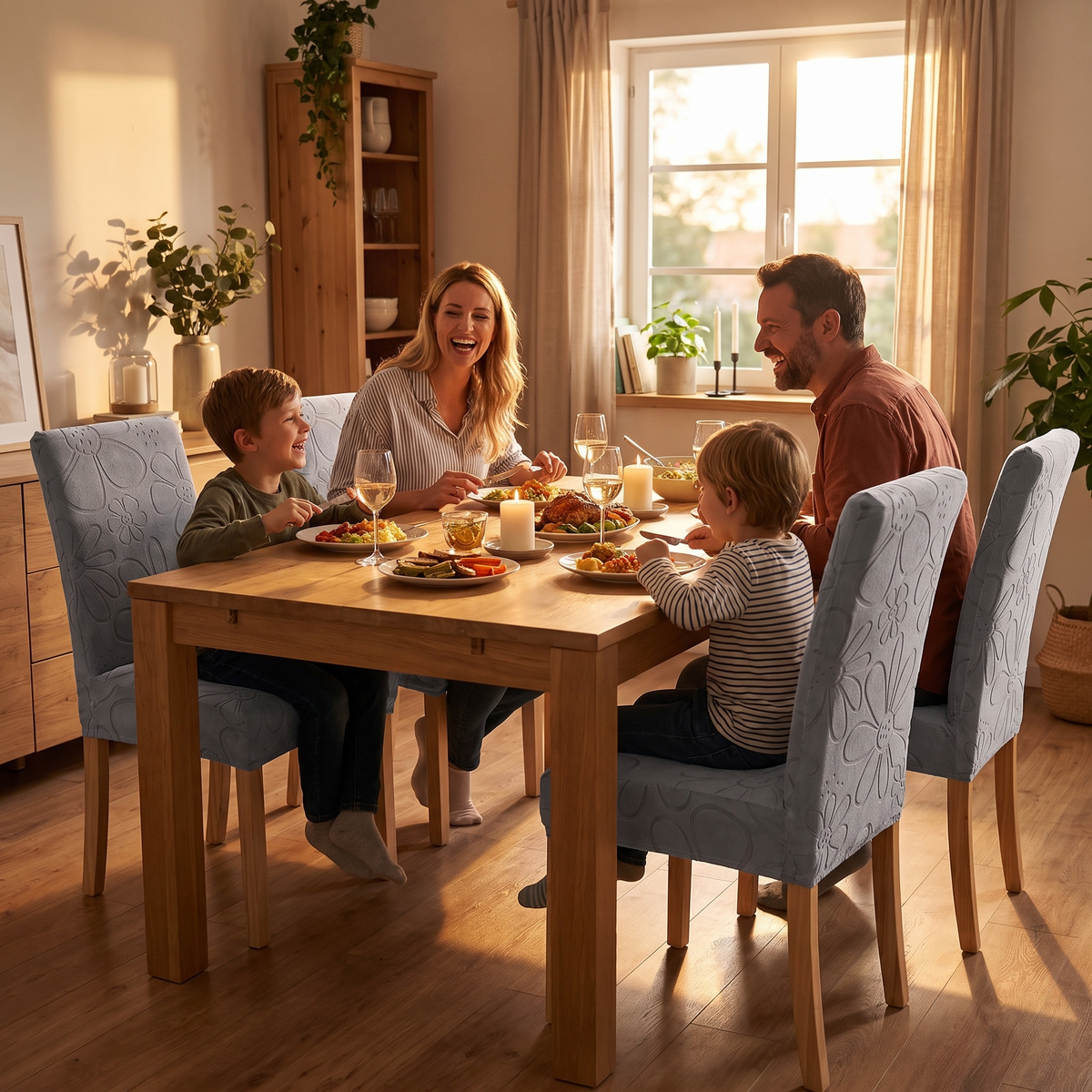 Embossed Daisy Stretch Dining Chair Cover in use
