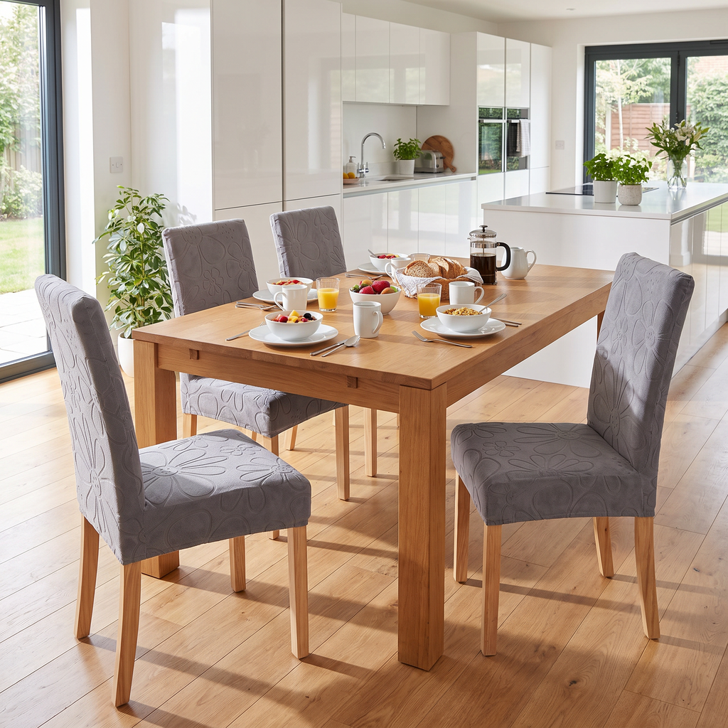 Embossed Daisy Stretch Dining Chair Cover in a living space